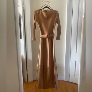 Vintage Alison Ayres Tan Ribbed Crochet Mod Maxi Dress Small Belted 1970s Boho